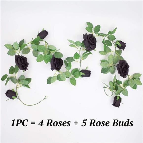 2 PCS 6.5 Ft. Artificial Black Rose Vine for Halloween Decor, Hanging Black - Picture 2 of 6